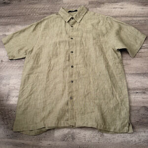 Brandini 100% Linen Shirt Mens Medium Olive Green Short Sleeve Button Up Summer
